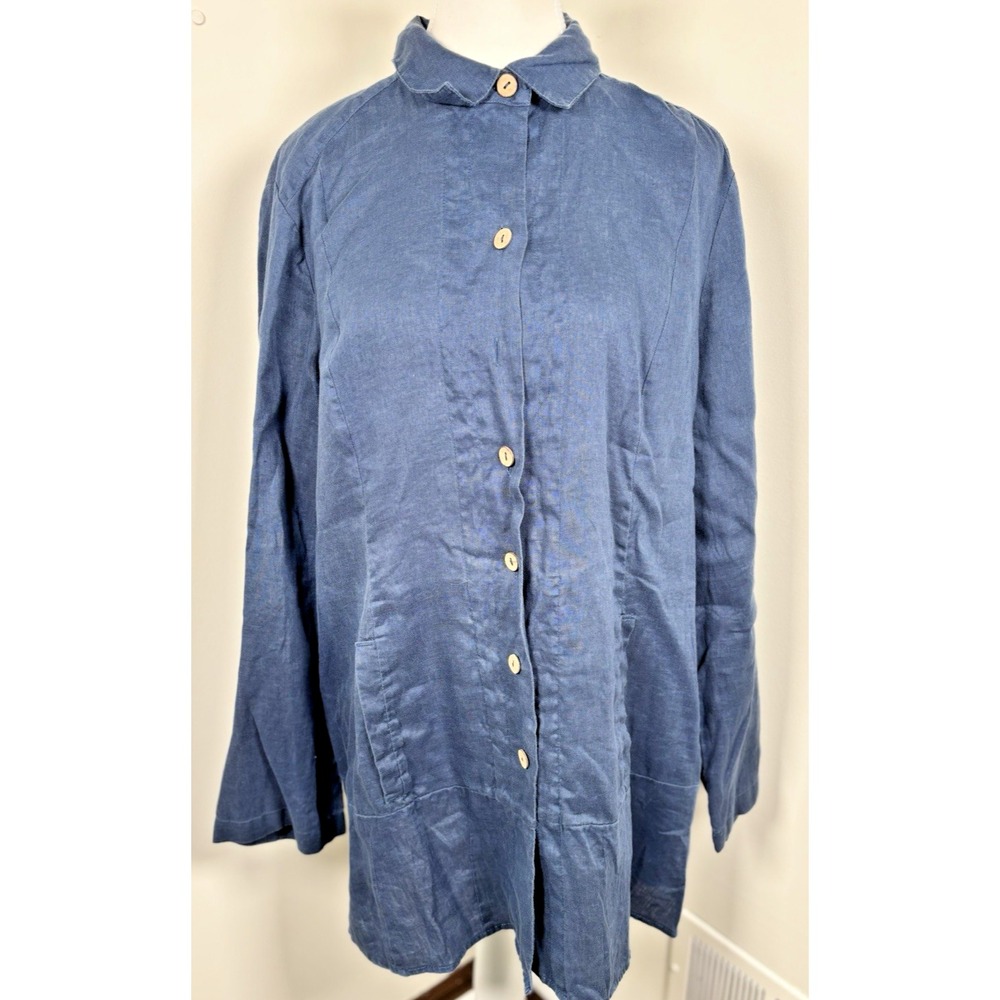 Soft Surroundings Island Breeze Linen Tunic Size L Relaxed Long Slv Pockets Blue